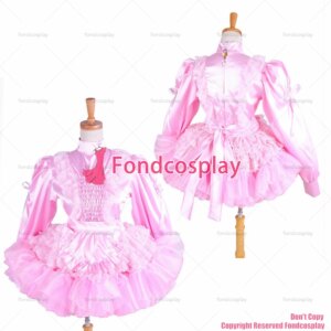 fondcosplay adult sexy cross dressing sissy maid Lockable Uniform baby Pink Satin-lace Dress Cosplay Costume CD/TV[G1407]