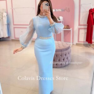 2025 Puff Sleeves Customized Crepe Prom Dresses Evening Dress Crystals Sky Blue Arabic Women Evening Gowns Formal Party Dress