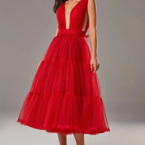 Simple A Line Tulle Red Prom Dresses V neck Party Dress Mid Length Celebrity Graduation Gown sukienka wieczorowa