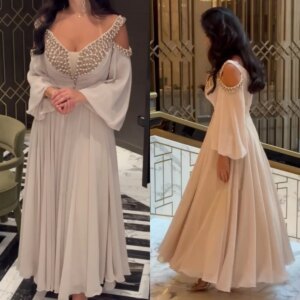 Customized Evening Satin Beading Draped Formal A-line Off-the-shoulder Bespoke Occasion Gown Midi Dresses Saudi Arabia