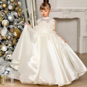 Jill Wish Luxury Arabic White Girl Dress Beading Feathers Kids Princess Birthday Wedding Party First Communion Gown 2025 J398