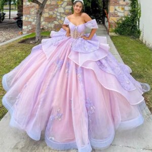 Customized Purple Quinceanera Dresses Detachable Train Butterflies Appliques Lace Birthday Bead Ball Gown Vestidos De 15 Anos