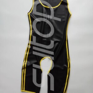 Wholesale Wet Look Sexy Men Latex Catsuit rubber Bodysuit (Black and yellow trim) open ass