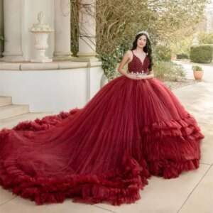 Customized Mexico Red Sweetheart Quinceanera Dresses Bead Appliques Birthday Luxury Dress Tiered Ruffles Gown Sweet 15 16