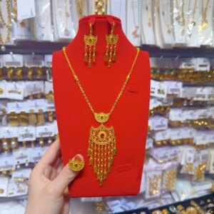 Dubai European New 24K Gold Plated Necklace, Earrings, Rings, Romantic Wedding Party Gift Jewelry Set for Lovers YY10578