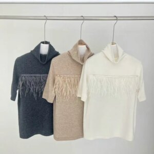 Autumn B*C Women Cashmere Sweater Feather Decoration Half-high Collar Short Sleeve Casual Ladies Knitted Pullover