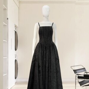 Temperament dinner party waist cinching slimming black camisole long skirt square neck big swing dress