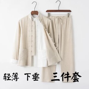 Chinese Style Suit Middle-Aged and Elderly Long-Sleeve Han Clothing Casual Men’s Summer Thin Three-Piece for Dad