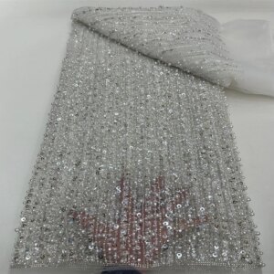 2025 New African French Nigerian High End Lace Fabric With Beads Sequins Mesh for Embroidery Wedding Party Bride Sewing Dress