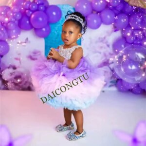CustomizedAfrican Cultural Dress for Girls – Sky Blue Beaded Ball Gown with Puffy Ruffles, Sleeveless Tulle Party Dress for Wedd