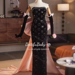 Vintage Women’s Evening Party Dress with Gloves Bow Pearl Beaded Strapless Mermaid Skirts Party Dresses for Women Gown Vestidos