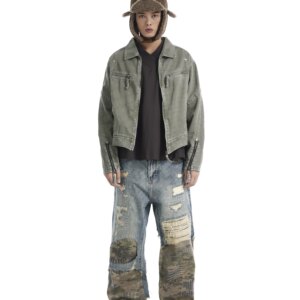 American-Style Retro Striped Embroidered Loose Hole Wide-Leg Stitching Fake Two-Piece Camouflage Jeans