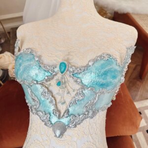 Honey Design Sea Blue Corset Treasure Mermaid Top- Topaz Fish Bone Chest 3D Printed Top Blue Sparkly Corset Club Show Wear Bra