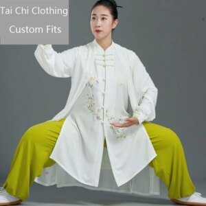 High-End New Tai Ji Suit Women’s Spring and Autumn Avocado Color Double Silk Linen Narcissus Shadowboxing Exercise Clothing