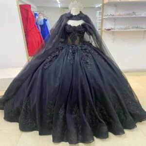 Customized Black Trendy Off the Shoulder Quinceanera Dress for Lady Polka Dot Appliques Cloak Pageant Gowns 15 Anos Vestido