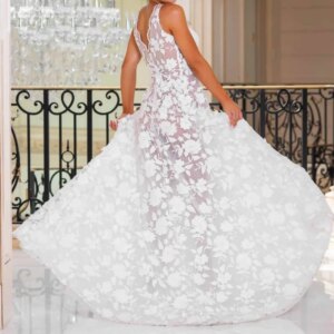 Customized White Lace Prom Dresses Women V Neck Sleeveless A Line Floor Length Wedding Party Dress Formal Evening Gown Vestido