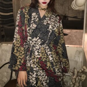 Flower Mid-Length Lace-up Japanese Style Kimono Loose Spring and Autumn
