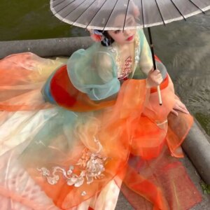 Shanhaiji Improvement[lucky CharmHanfu Gradient Fish-scale Printed Chequered Skirt With Gradient Wide Sleeves Shirtlucky Charm