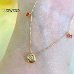 LUOWEND 100% 18K Yellow Gold Necklace Romantic Rainbow Style Shiny Diamond Natural Aquamarine Necklace for Women Birthday Gift
