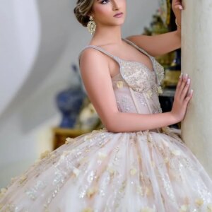 Customized champagne color Off Shoulder Quinceanera Dress sequin applique beads 3D flower trailing vestidos de 15 Quinceanera