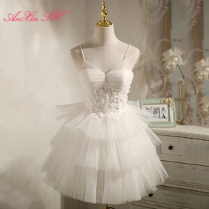 AnXin SH princess white flower lace spaghetti strap beading crystal party short customized evening dress little white dress