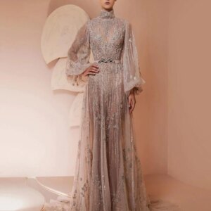 Dubai Exquisite Beaded Long Evening Dress Sexy Illusion Long Sleeve Wedding Party Gown New Customized Fashion Prom Dresses