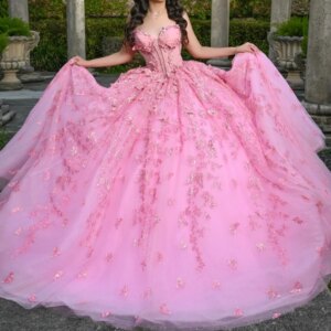 Customized Pink Princess Girl Quinceanera Dresses Butterfly Ball Gown Lace Up Vestido De xv Anos Women Prom Birthday Party Dress