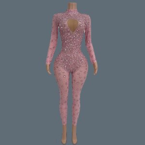 Rhinestones Sheer Mesh Jumpsuit Sexy Women Birthday Celebriate Party Dancer Show Skinny Rompers Stage Rave Wear