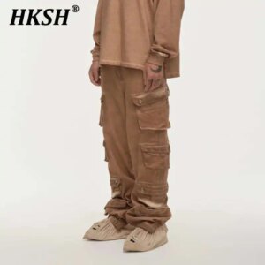 HKSH Spring Winter New Men Batik Dyed Overalls Vintage Adjustable Wide Leg Casual Multi Pockets Safari Style Cargo Pants HK3937