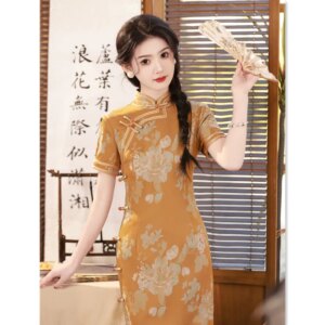 Satin Jacquard Long T-shirt in Yellow Cheongsam Qi Pao Spring and Summer New Retro National Trend Style Women’s Daily Skirt