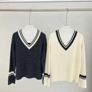 Autumn Winter B*C Women’s Wool Sweater Sequin Striped Trim V-Neck Long Sleeve Loose Female Knitted Pullover