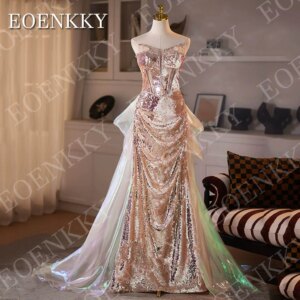EOENKKY Sequin Mermaid Evening Dresses V Neck Elegant for Woman Strapless Sparkly Prom Party Gown Customized Detachable Train