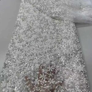 White African Beads Lace Fabric 2025 High Quality Elegant Lace Nigerian Sequins Embroidered French Tulle Lace Fabric for Sewing