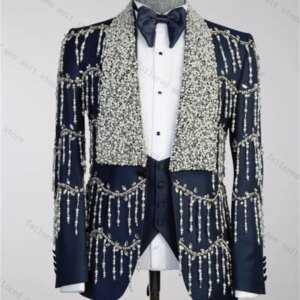 Luxury Crystals Men Suit Set 2 Pieces Blazer+Pant Formal Work Office Male Jacket Prom Cotton Coat Trousers Groom Wedding Tuxedos