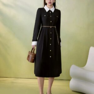 Customized High Quality Jersey Buttons Belt Evening Dresses Temperament Long Sleeves Crew Neck Prom Dress Custom Made