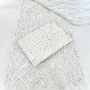 African French Tulle Mesh Beaded Lace Fabric High Quality 2025 Nigerian White Lace Luxury For Women Wedding Dresses 5yard W442-1