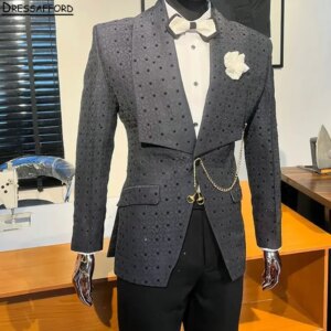 Elegant Jacquard Men Suits For Wedding Groom Tuxedos Beaded 2 Pieces Jacket Pants Prom Blazers Custom