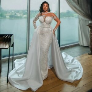 New Luxury Wedding Dress O-Neck Long Sleeves Detachable Train Beads Pearls Lace Appliques Mermaid Satin Vestidos Bridal Gown