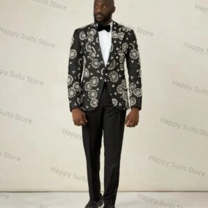 Crystals Black Groom Men Suit 2 Piece Blazer+Pants Luxury Formal Office Jacket Coat Wedding Tuxedo Custom Made Cotton Prom Dress