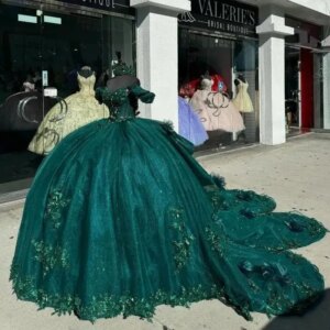 Customized Emerald Green Shiny Quinceanera Dresses Luxury Flowers Beading Lace Vestidos De 15 Anos Birthday Party