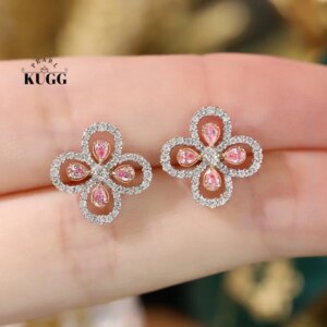 KUGG 100% 18K White Gold Earrings Elegant Gentle Style 1.0carat Real Natural Pink&White Diamond Stud Earrings for Women Wedding