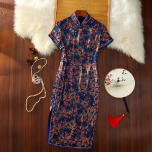 Spring and Summer New High Quality Real Silk Vintage Print Mid-Length Chinese Style Improved Cheongsam Qipao Women’s Dress
