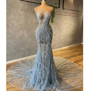 Luxury Sexy Prom Dresses Sequined Beads Sweep Train Floor-Length Blue Mermaid Formal Evening Dress Robes De Soirée Customized