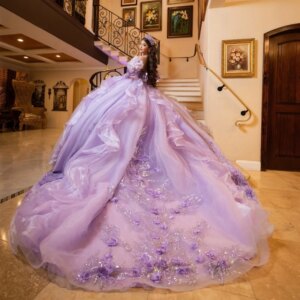 Customized Lavender Quinceanera Dresses Ball Gown Off The Shoulder Applique Flower Beads Tull Corset Party Birthday Sweet 16 Ves