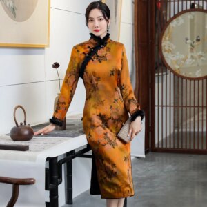 Autumn and Winter New Red Cloud Yarn Quilted Stand Collar Fur Retro Chinese Style Improved Cheongsam Qipao Women Dress