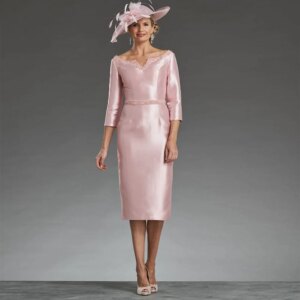 Beauty Light Pink Satin Mother Of The Bride Dresses For Weddings Tea Length Formal Party Evening Dress