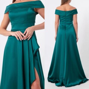 Customized  Exquisite Green Satin Evening Dress Classic StraplessOff the Shoulder Sleeveless Side Slit  Zipper Back Pro