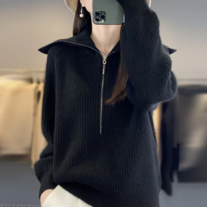 New women’s 100% pure wool sweater with zipper and pullover, thickened cashmere sweater
