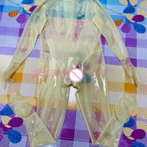 Men transparent latex catsuit with toes gloves neck entry hidden sheath