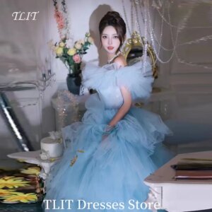 TLIT Light Blue Soft Tulle Off the Shoulder Evening Dresses Strapless Elegant Tiered Prom Gowns Photo Shoot Dresses Customized
